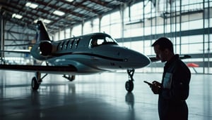 A dramatic image of a small jet inside a hanger with a technician looking at a mobile device