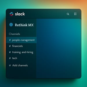 A sleek modern Slack application window showcasing the vibrant workspace titled Rethink MX The window features neatly organized channels labeled People Management Financials Training and Hiring and Tech Ambient lighting casts a warm glow around the