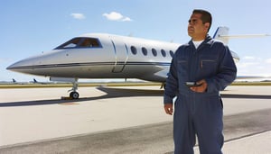aviation mechanic next to a business jet on a mobile device